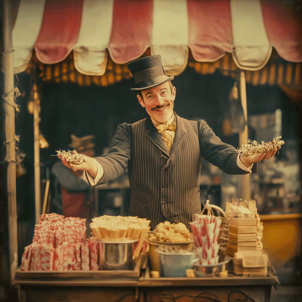A man in a bowler hat and striped suit stands behind a vendor cart with various candies and snacks, smiling and extending both hands to present the treats under a striped canopy.