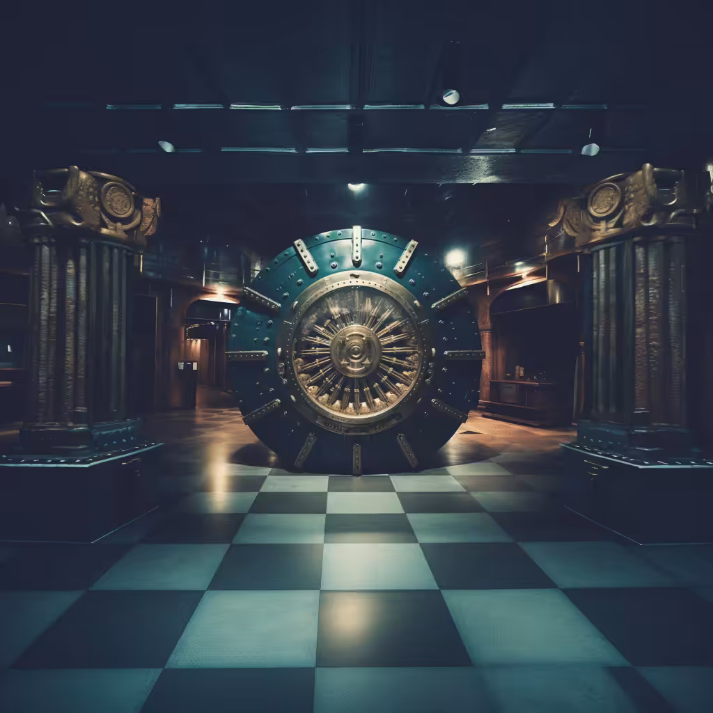 A large gold vault in a room with a checkered floor that was discovered during the web design project in Brisbane.