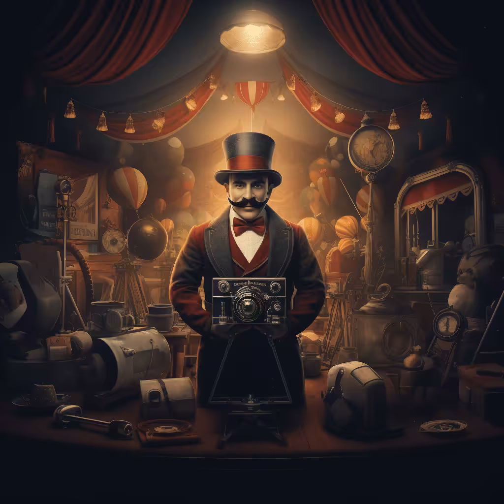 A man in a top hat is standing in a room full of items, creating a visually striking scene reminiscent of web design.