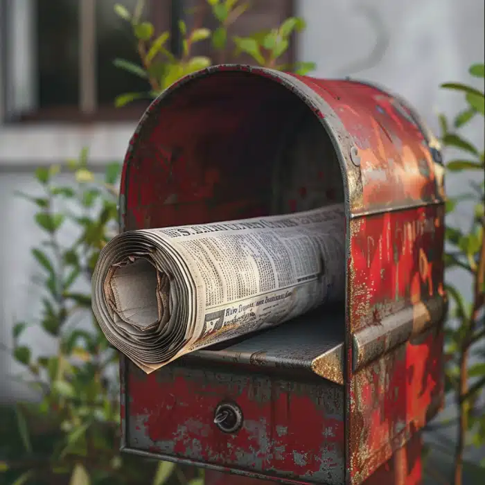 A red, rusted mailbox with a rolled-up newspaper inside, situated in front of green foliage and a building.