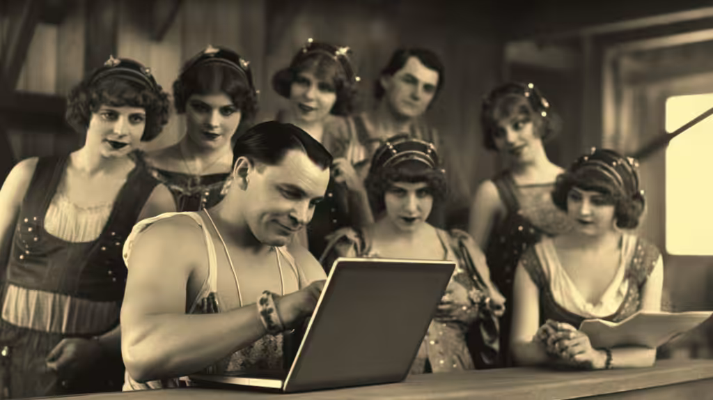 A group of people engaged in web design while looking at a laptop in Brisbane.