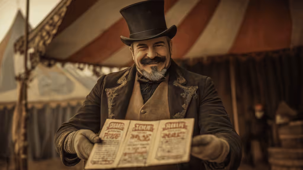 A man in a top hat and Victorian-style clothing cleverly showcases two vintage posters under a circus tent, with all the finesse of a well-crafted digital strategy.