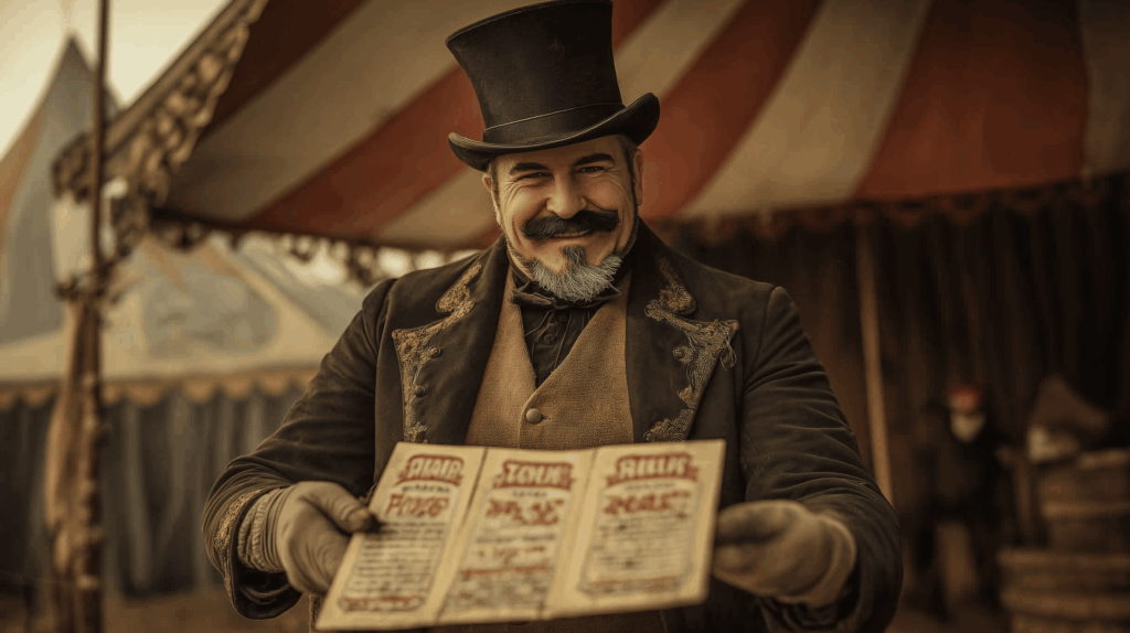 A man in a top hat and Victorian-style clothing cleverly showcases two vintage posters under a circus tent, with all the finesse of a well-crafted digital strategy.