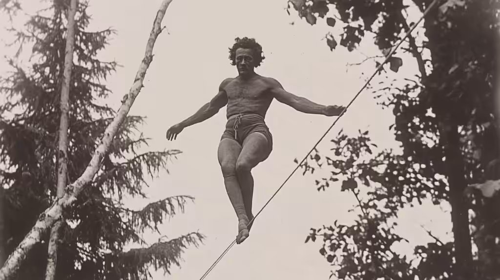 A man balances on a tightrope between trees, wearing shorts and maintaining a focused expression, as if executing a precise digital strategy in the great outdoors.