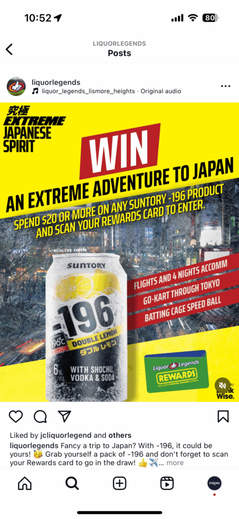 Put Your Customers First: How to Build a Winning Digital Strategy 4 Promotional poster for a competition to win a trip to Japan. Features a can of Suntory -196 drink with text detailing entry by purchasing products and using your rewards card. Enhance your experience through our digital strategy, ensuring each purchase brings you closer to adventure.