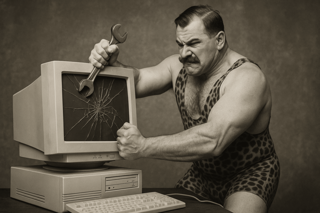A muscular man in a leopard-print singlet smashes a vintage computer monitor with a large wrench, symbolizing the frustration of neglected WordPress Website Maintenance as the screen cracks under pressure.